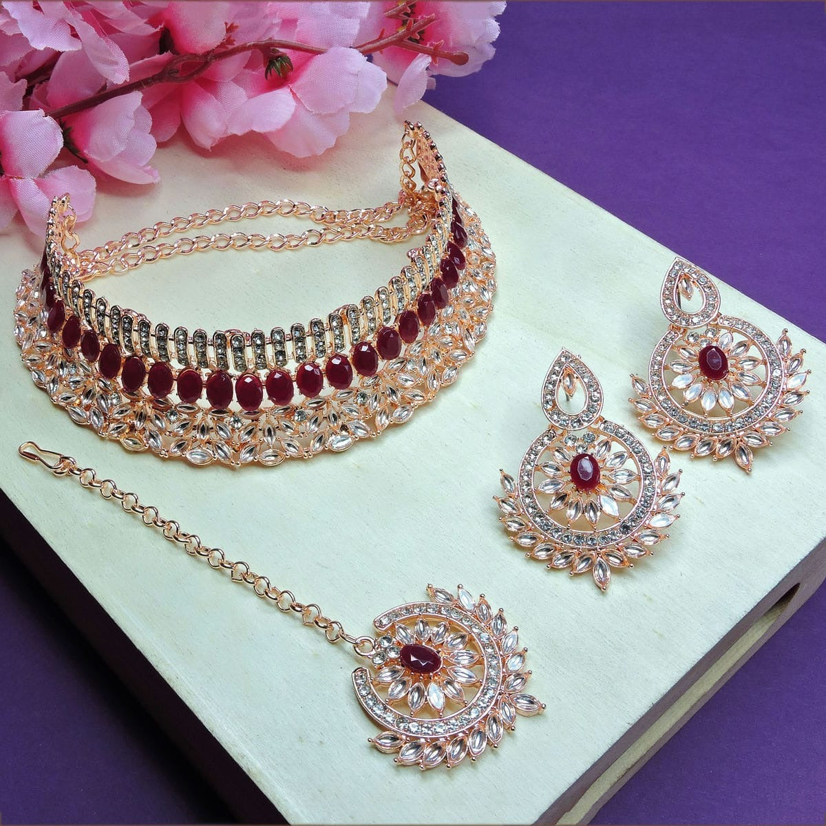 Alloy Choker Necklace Set In Maroon NCNS12510300