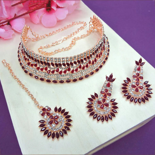 Alloy Choker Necklace Set In Maroon NCNS12510344