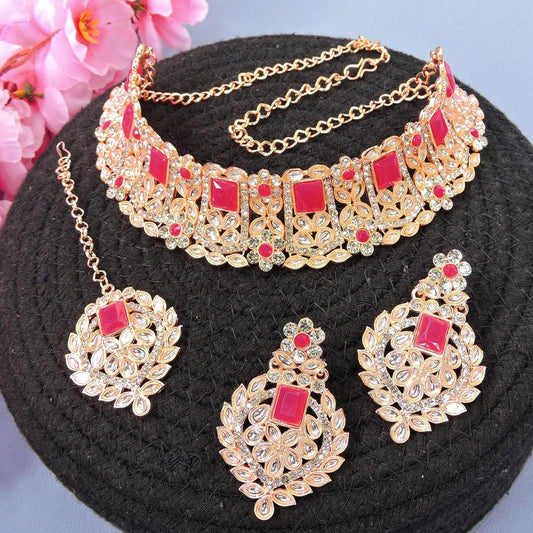 Alloy Choker Necklace Set In Rani Pink NCNS12510322