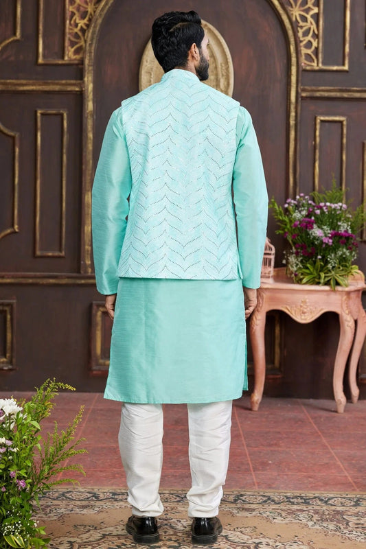 Aqua Blue Art Silk Kurta PajamaWith Jacket NCKP12310112