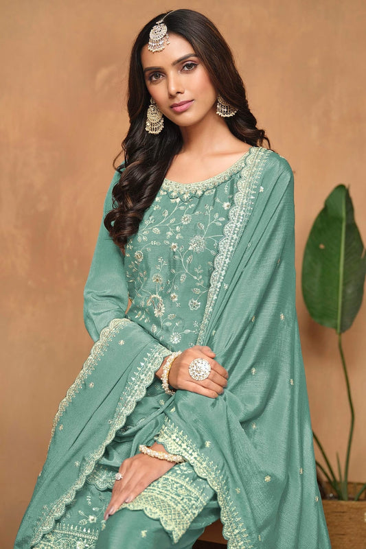 Aqua Blue Chinon Palazzo Pant Suit NCSM10510202