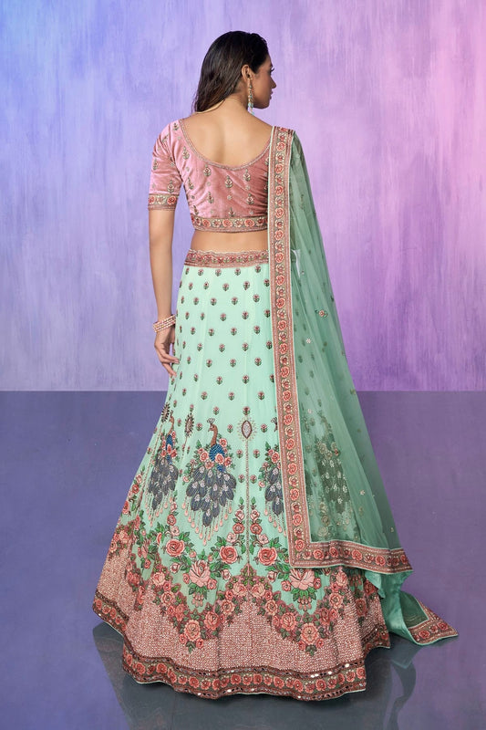 Aqua Blue Embroidery Velvet Lehenga Choli NCLD10810306