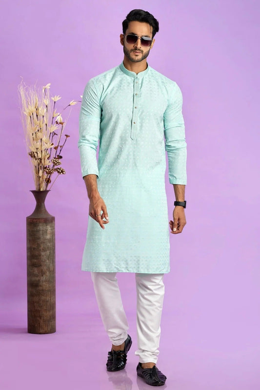 Aqua Blue Jacquard Art Silk Pintex Kurta Pajama NCKP12310178
