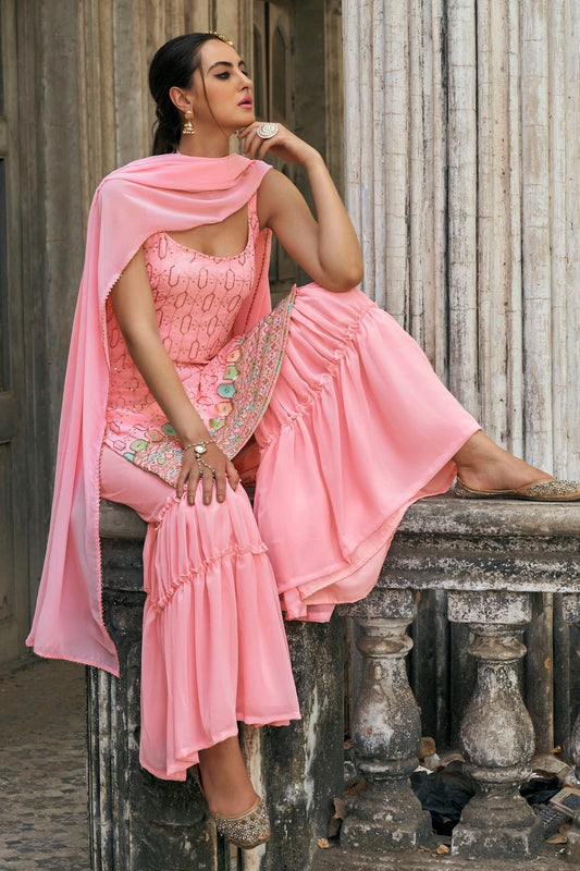 Baby Pink Faux Georgette Sharara Suit NCSM11410570