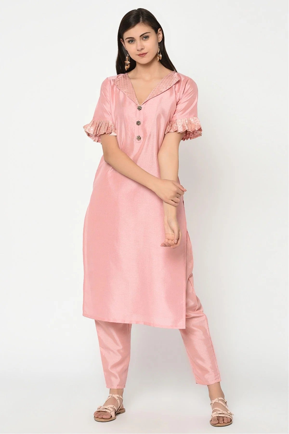 Baby Pink Plus Size Poly Silk Straight Kurta With Pant NCKR10610146