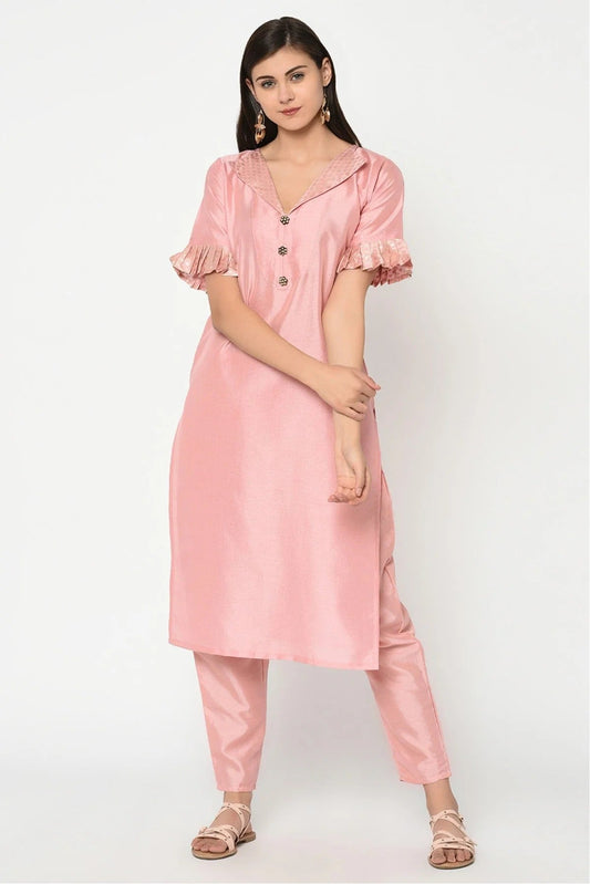 Baby Pink Plus Size Poly Silk Straight Kurta With Pant NCKR10610146