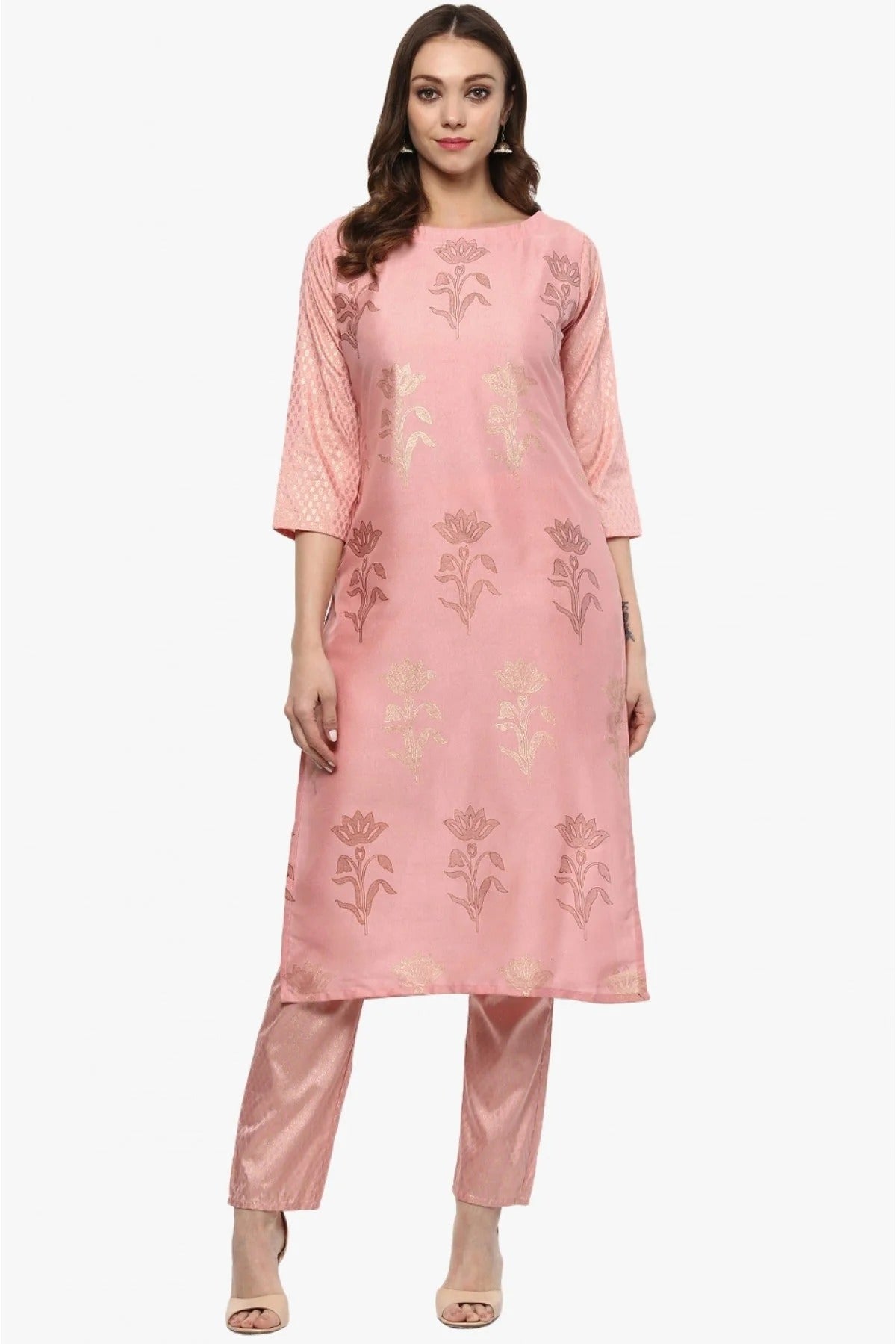 Baby Pink Plus Size Poly Silk Straight Kurti NCKR10610183