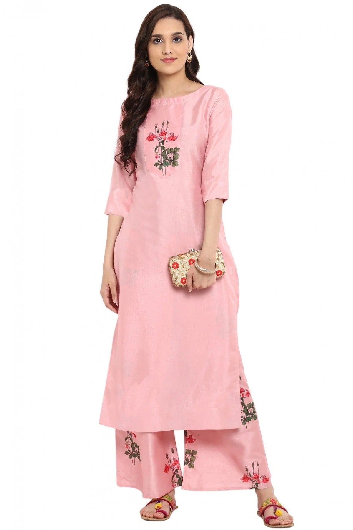 Baby Pink Plus Size Poly Silk Straight Kurti NCKR10610184