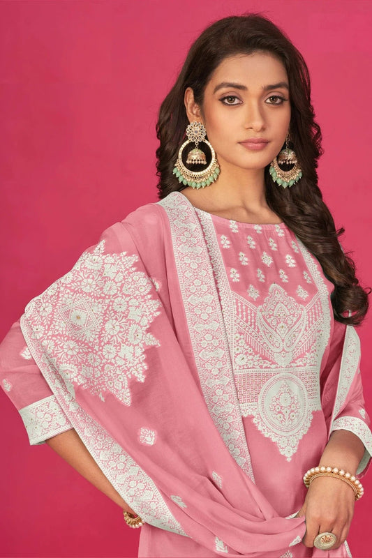 Baby Pink Semi Stitched Jacquard Straight Suit NCSM11410504