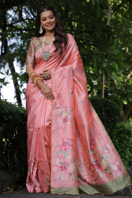 Baby Pink Tussar Silk Digital Printed Saree NCSD12910188