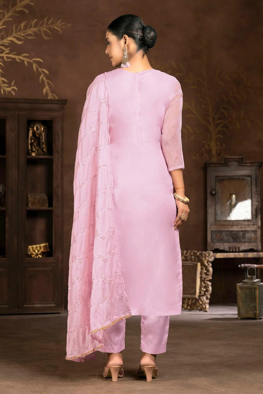 Baby Pink Unstitched Organza Pant Style Suit NCUS11610121