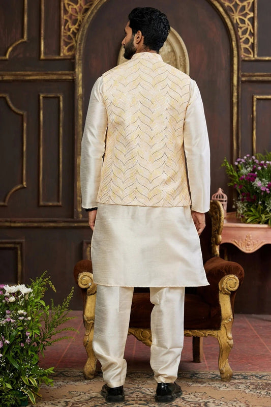 Beige Art Silk Kurta PajamaWith Jacket NCKP12310111