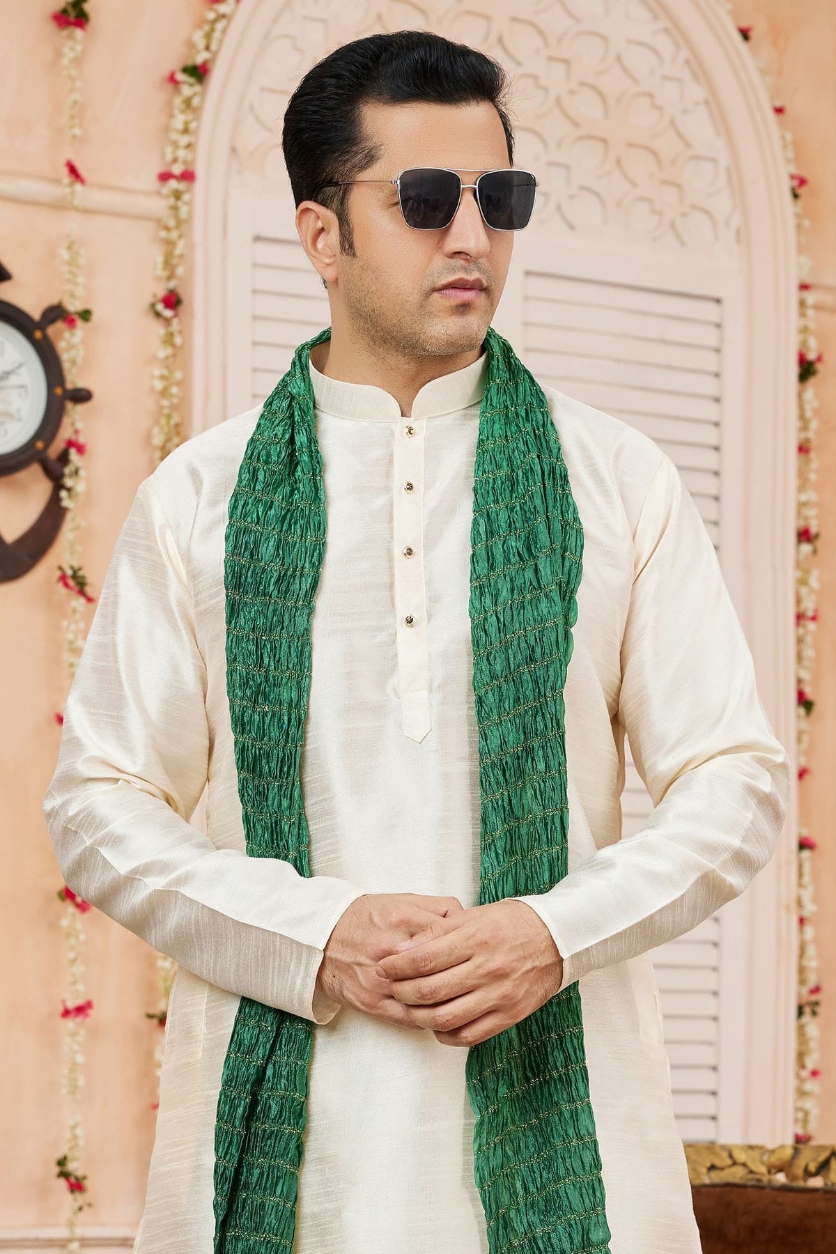 Beige Art Silk Kurta PajamaWith Stole NCKP12310131