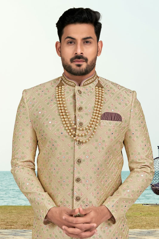 Beige Banarasi Silk Sherwani NCSH10410286