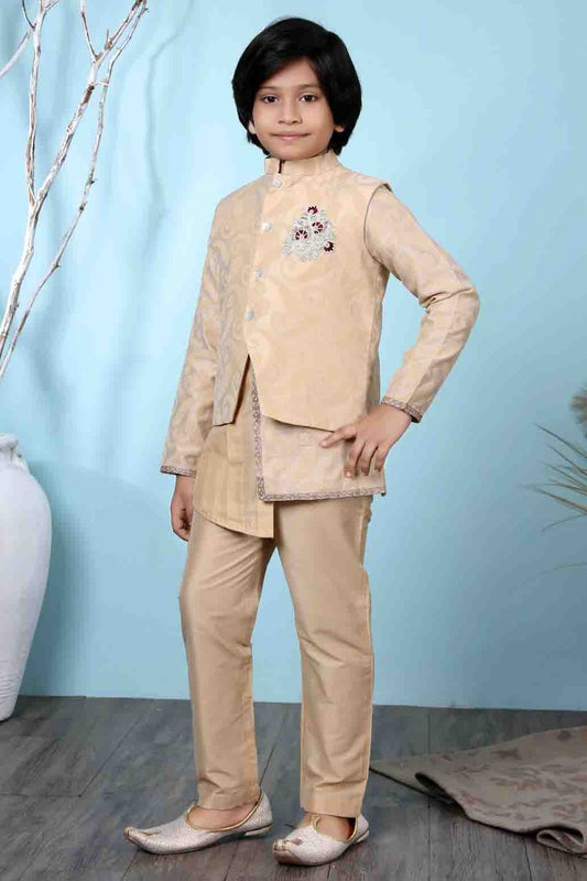 Beige Handloom Silk Kurta PajamaWith Jacket NCBW10710706