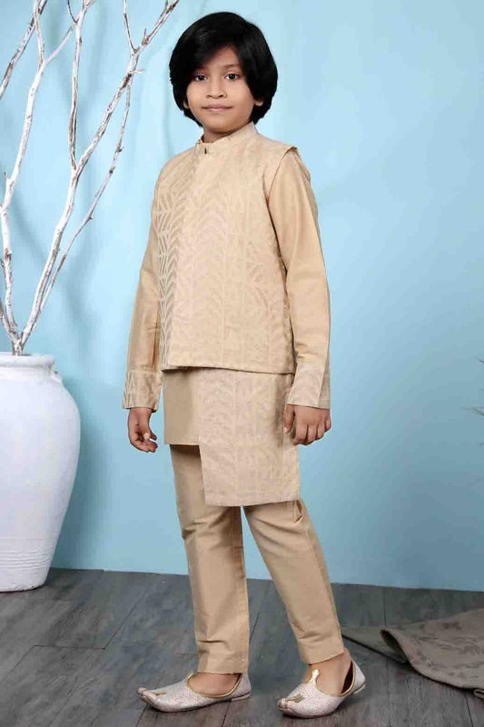 Beige Handloom Silk Kurta PajamaWith Jacket NCBW10710707