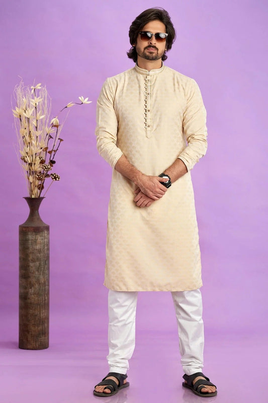 Beige Jacquard Art Silk Pintex Kurta Pajama NCKP12310174