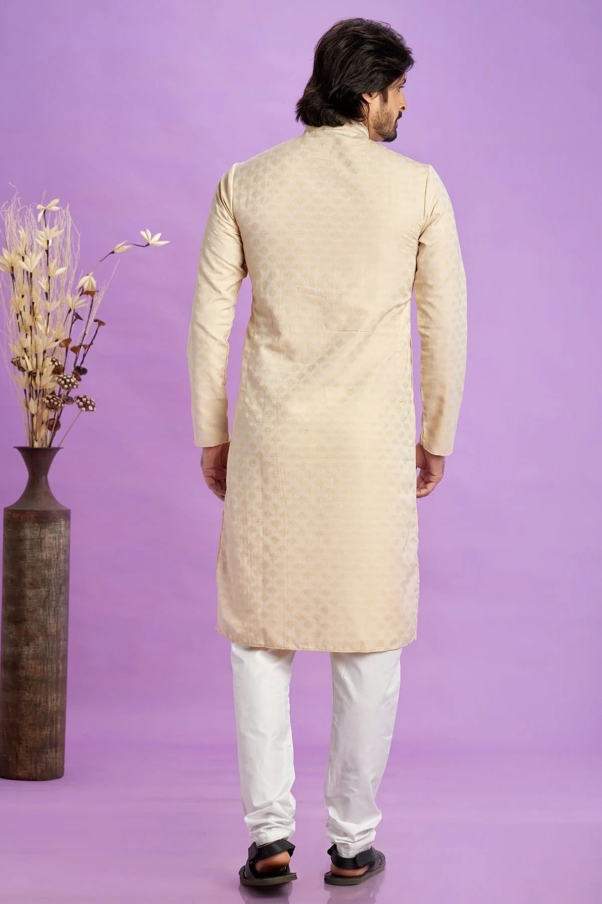 Beige Jacquard Art Silk Pintex Kurta Pajama NCKP12310174
