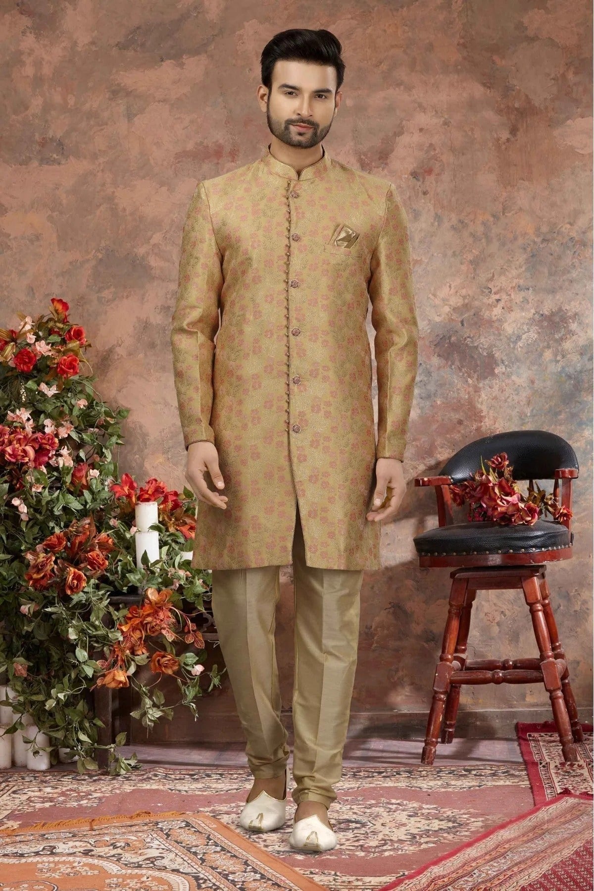 Beige Jacquard Woven Sherwani NCSH10410419