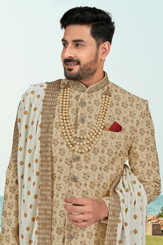 Beige Kora Shine Silk Indo Western Sherwani NCSH10410292