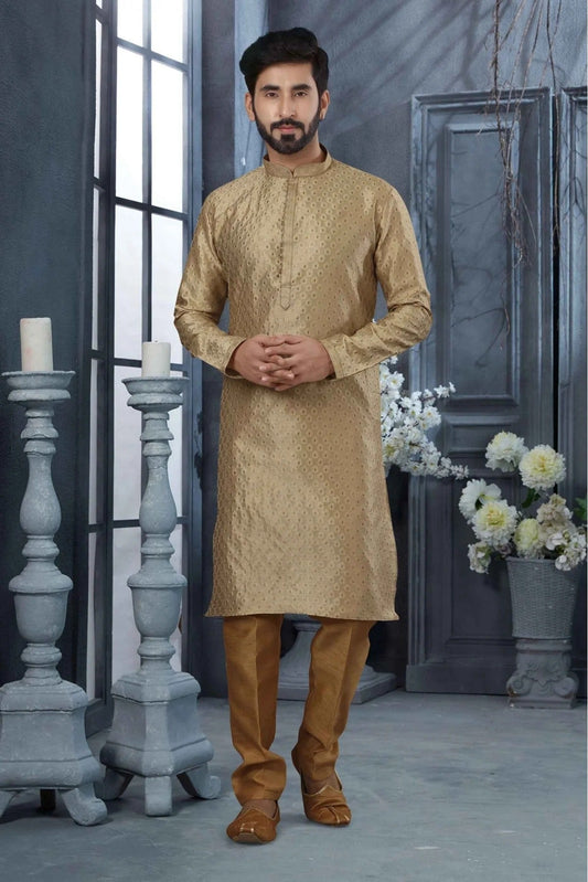 Beige Kurta Pajama In Jacquard NCKP10410688