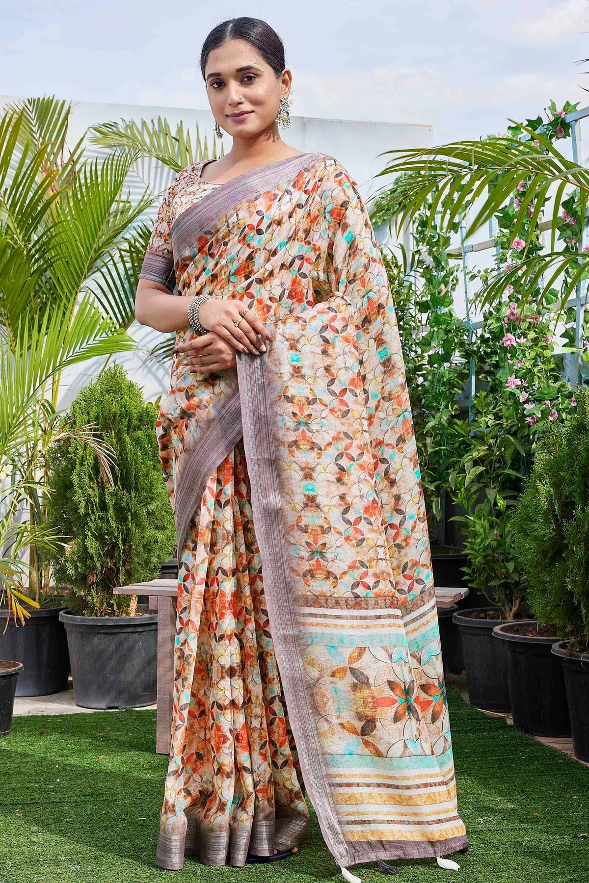 Beige Linen Blend Printed Saree NCSD11111844
