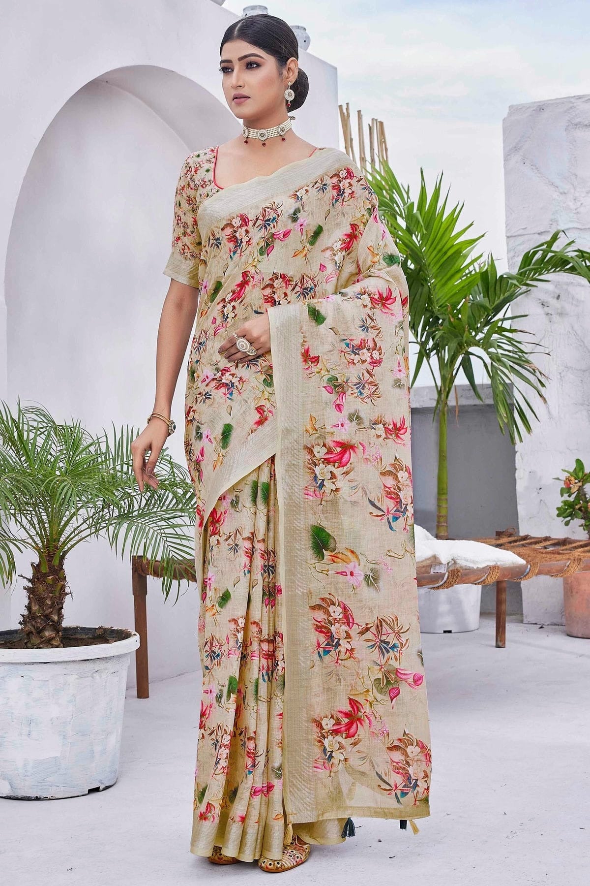 Beige Linen Blend Printed Saree NCSD11111879