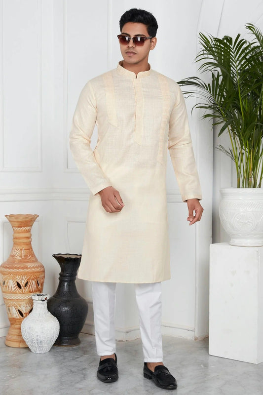 Beige Linen Cotton Pintex Kurta Pajama NCKP12310249