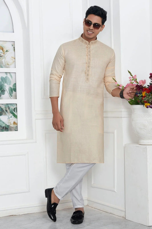 Beige Linen Cotton Thread Kurta Pajama NCKP12310229