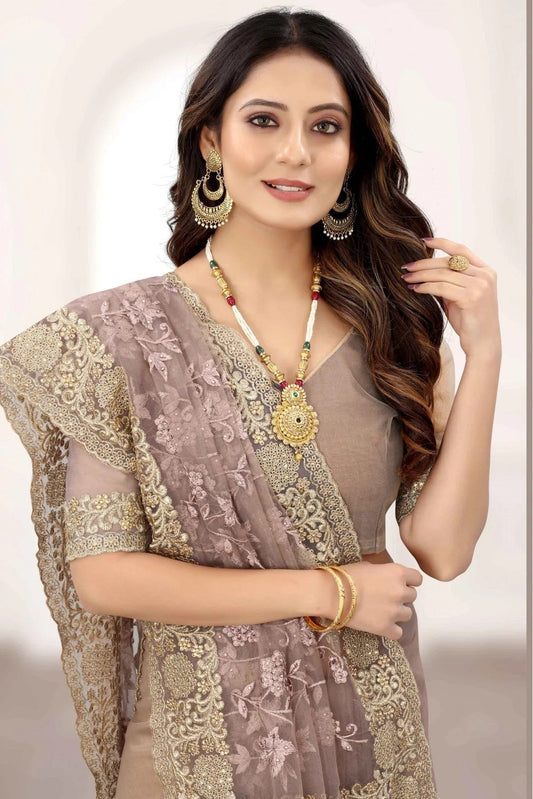 Beige Net Designer Saree NCSD11210826