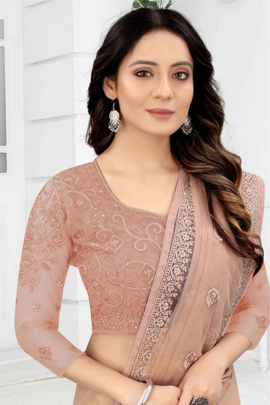 Beige Net Embroidery Saree NCSD11210848