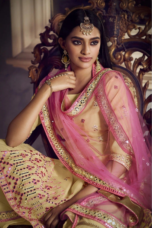 Beige Organza Thread Sharara Suit NCSM10810366