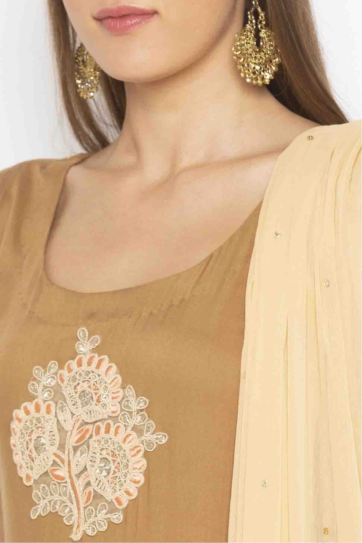 Beige Plus Size Cotton Embroidery Pant Style Suit NCSS10710637