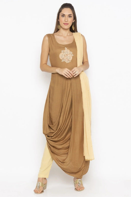 Beige Plus Size Cotton Embroidery Pant Style Suit NCSS10710637