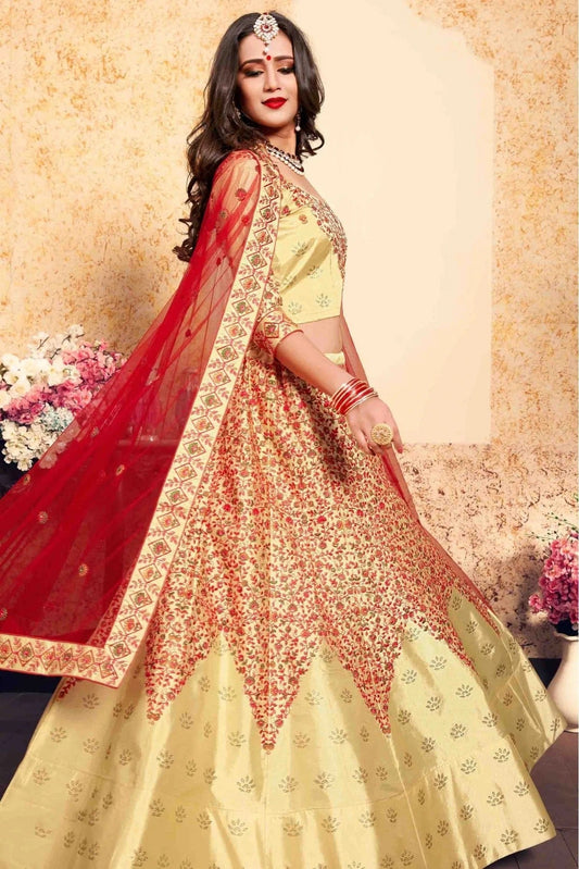 Beige Satin Embroidery Lehenga Choli NCLC10810448