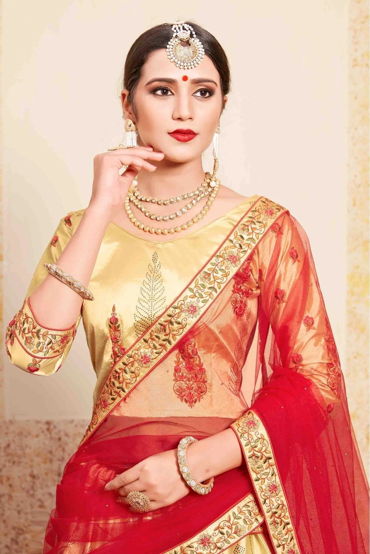 Beige Satin Embroidery Lehenga Choli NCLC10810453