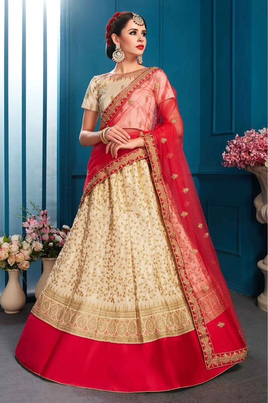 Beige Satin Embroidery Lehenga Choli NCLC10810534
