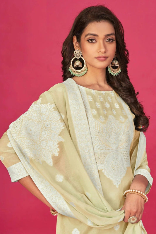 Beige Semi Stitched Jacquard Straight Suit NCSM11410503