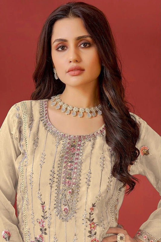 Beige Semi Stitched Organza Pakistani Suit NCSM11410521