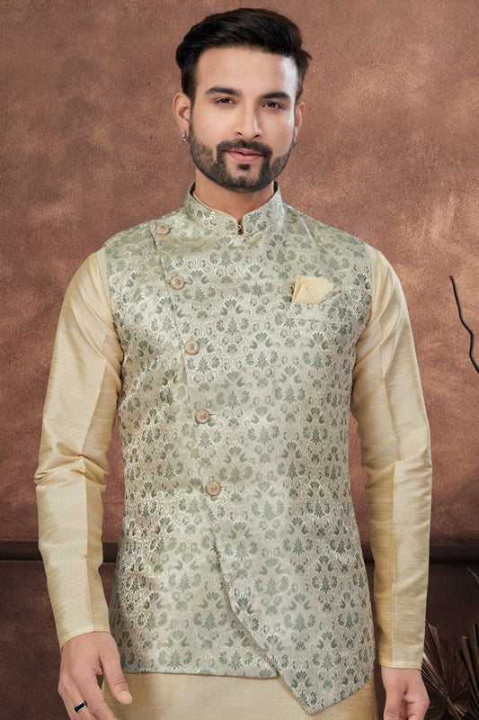 Beige Silk Dupion Jacket Kurta Pajama NCKP10410146