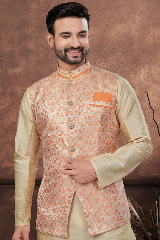 Beige Silk Dupion Jacket Kurta Pajama NCKP10410148