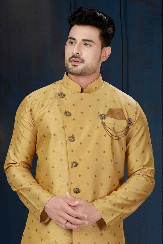 Beige Silk Party Wear Indo Western Sherwani NCSH10410340