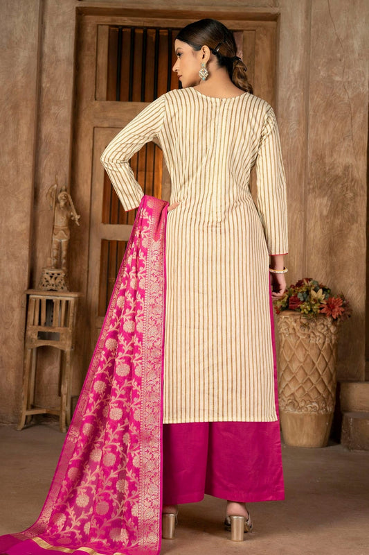 Beige Unstitched Cambric Cotton Palazoo Pant Suit NCUS11610146