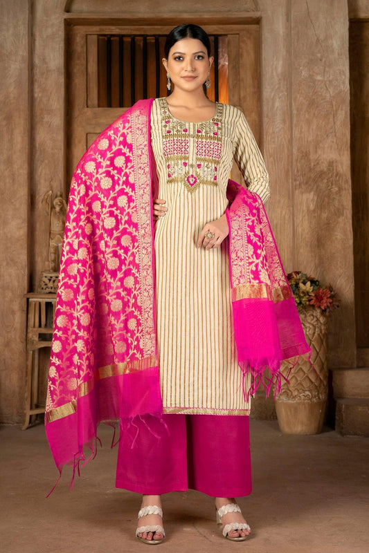 Beige Unstitched Cambric Cotton Palazoo Pant Suit NCUS11610146