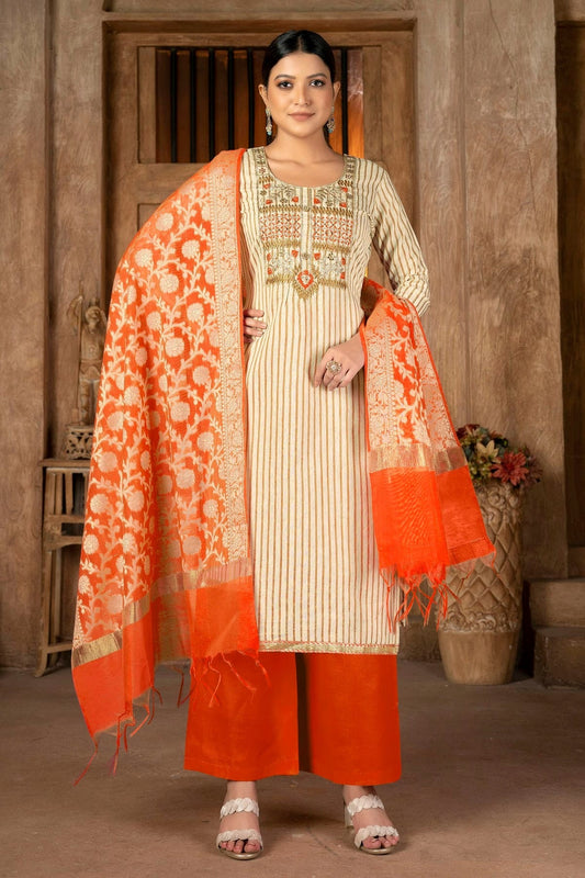 Beige Unstitched Cambric Cotton Palazoo Pant Suit NCUS11610147