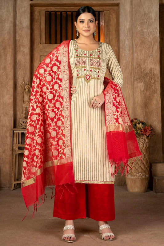 Beige Unstitched Cambric Cotton Palazoo Pant Suit NCUS11610148