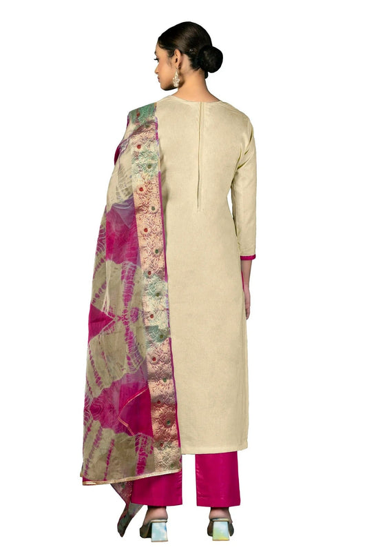 Beige Unstitched Cambric Cotton Straight Suit NCUS11610306