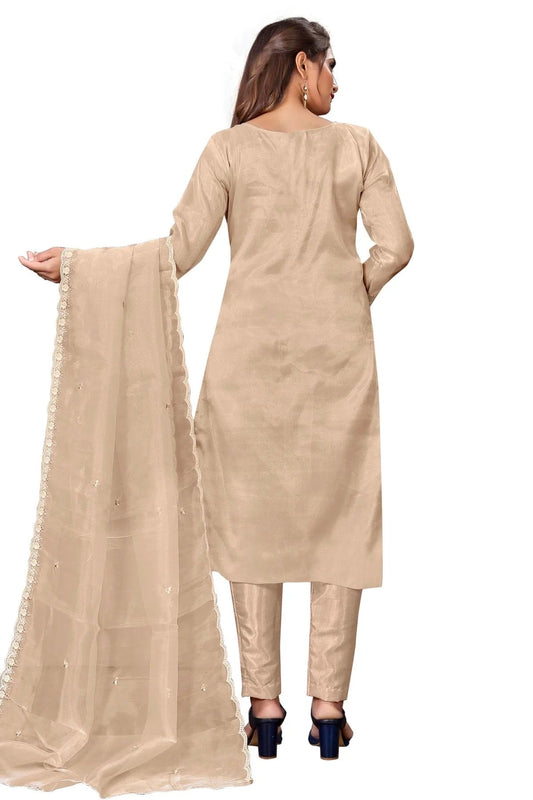 Beige Unstitched Organza Straight Suit NCUS11610489