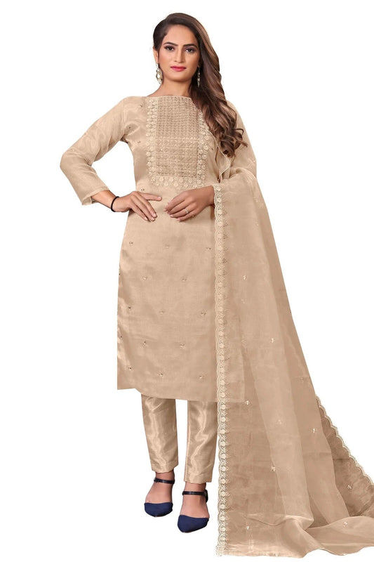Beige Unstitched Organza Straight Suit NCUS11610489