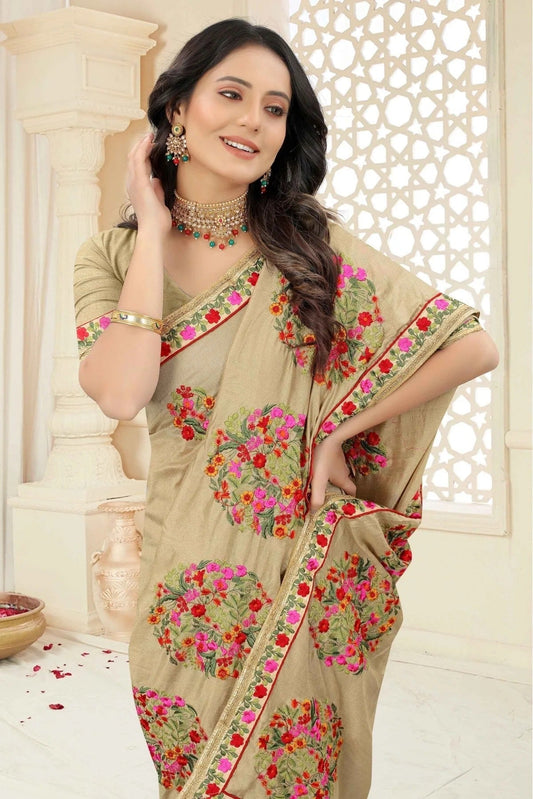 Beige Vichitra Silk Embroidery Saree NCSD11210871